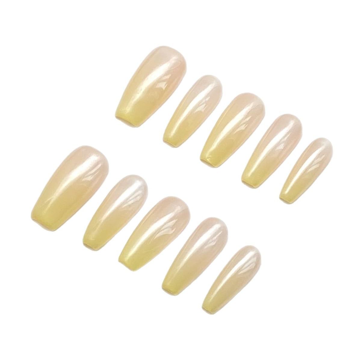 MIXNEX 10Pcs Press On Nails ā Medium Long Coffin Mango Yellow Ombre Fake Nails for Petite Hands ā Handmade Glossy Stick On Nail Tips with Storage Box & 5-in-1 Manicure Kit (Mango Yellow, Medium)