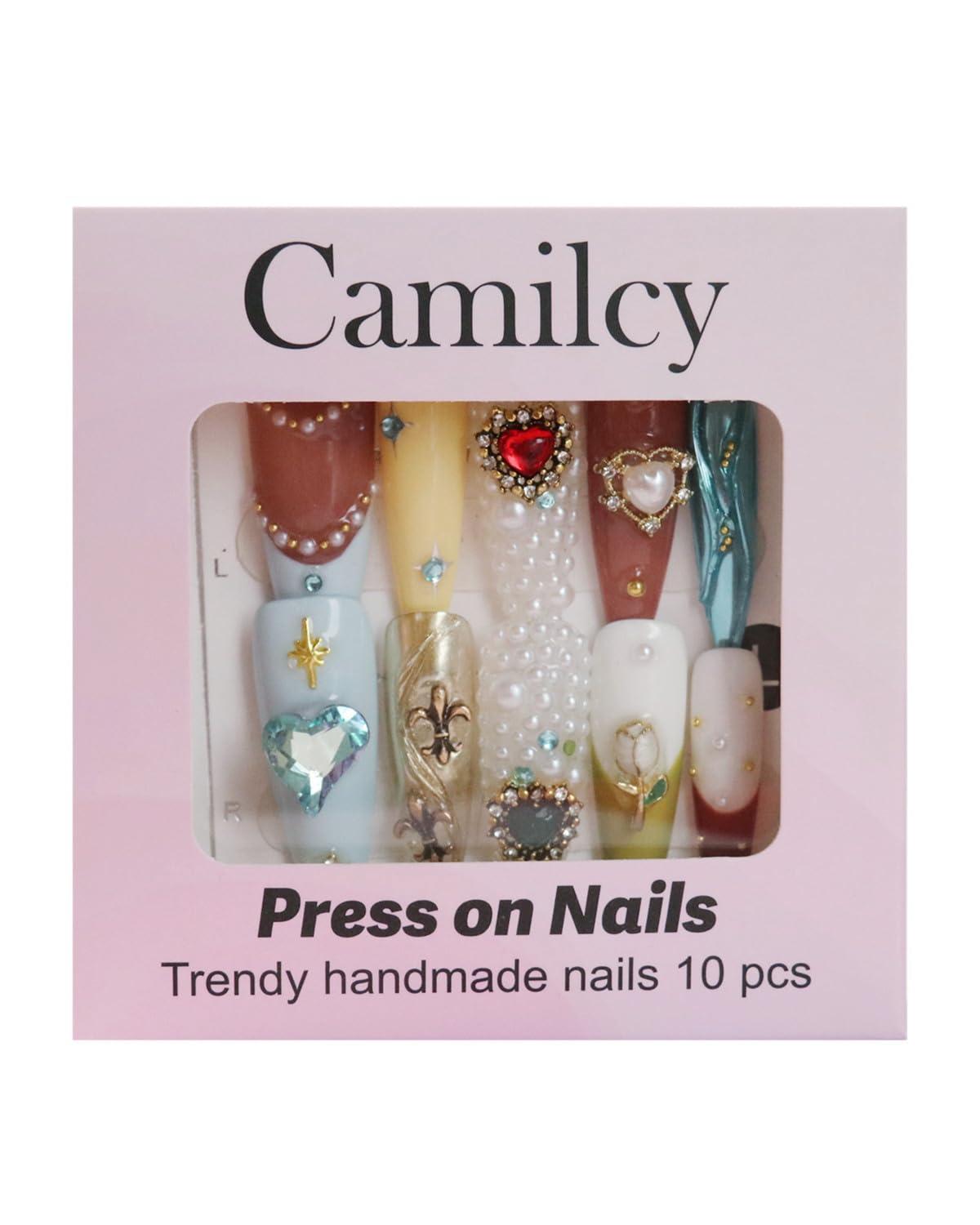 CAMILCY Luxury Handmade Press on Nails Extra Long Stiletto 3D Pearl Gemstone Fake Nails Almond Acrylic Nails Crystal Jewelry Design Salon Quality Reusable Acrylic Nails for Women (A025, M)