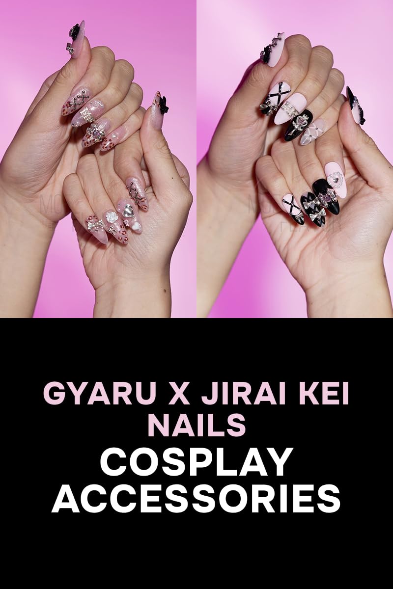 Gyaru Glam Leopard Print Press-On Nails – Kawaii Cosplay Nails with Glitter, Bows & Charms - Costume Accessory (Jirai Kei, L)