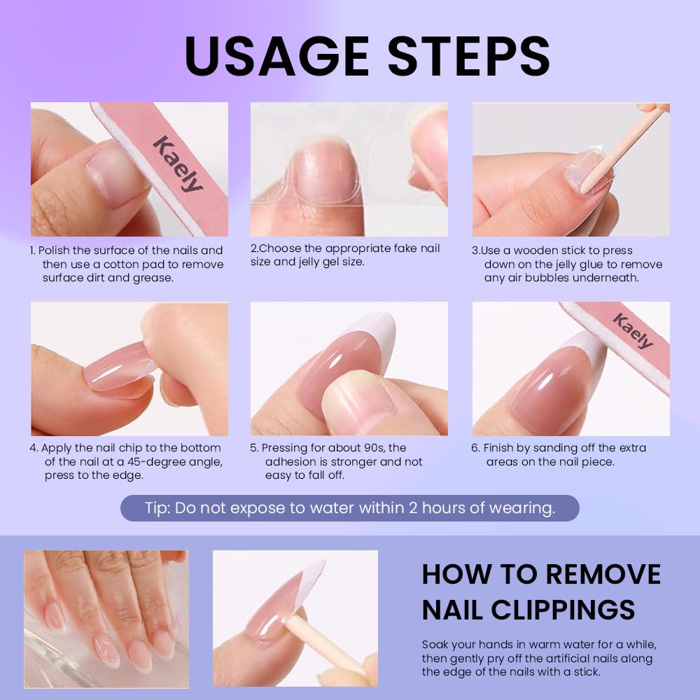 evpct French Tip Press On Nails Medium Almond No Glue, Nude Pink Tips, Chrome Glazed Glossy Medium Almond Fake False Press on Nails, Soft Stick on nail Press ons with Nail Kit, Reusable Salon-quality
