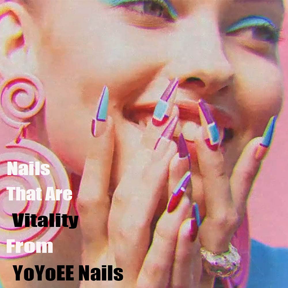 YoYoee Long Coffin False Nails Blue Butterfly Press on Nails French Fake Nails Acrylic Ballerina Nails Tips for Women and Girls 24PCS