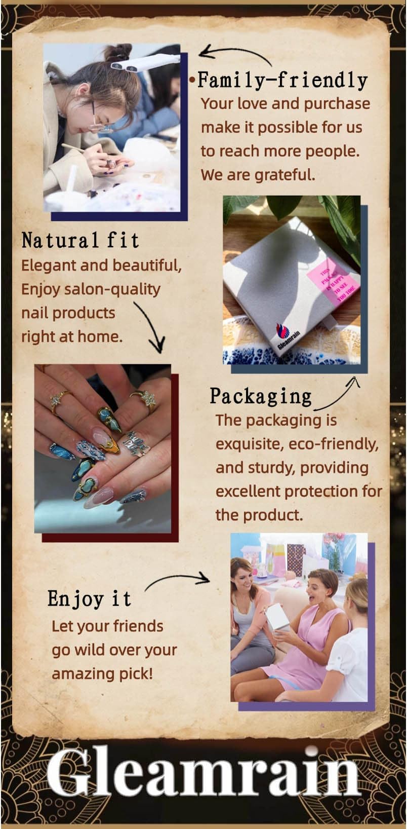 Gleamrain Handmade Press on Nails Long Length Square Shape M Size - 10Pcs - Gleamrain Design 902