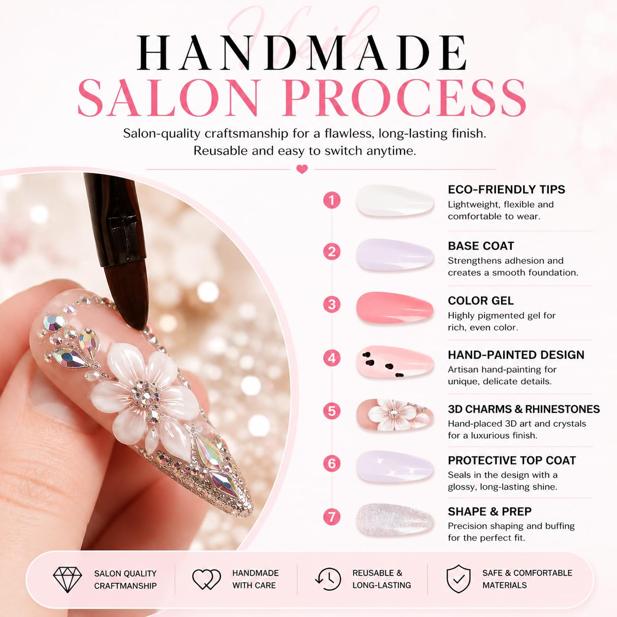 Handmade Press on Nails Long Stiletto - Glamorous Silver Glitter & Rhinestone Fake Nails, Luxury 3D White Flower False Nails, 10 Pcs for Women (Size M)