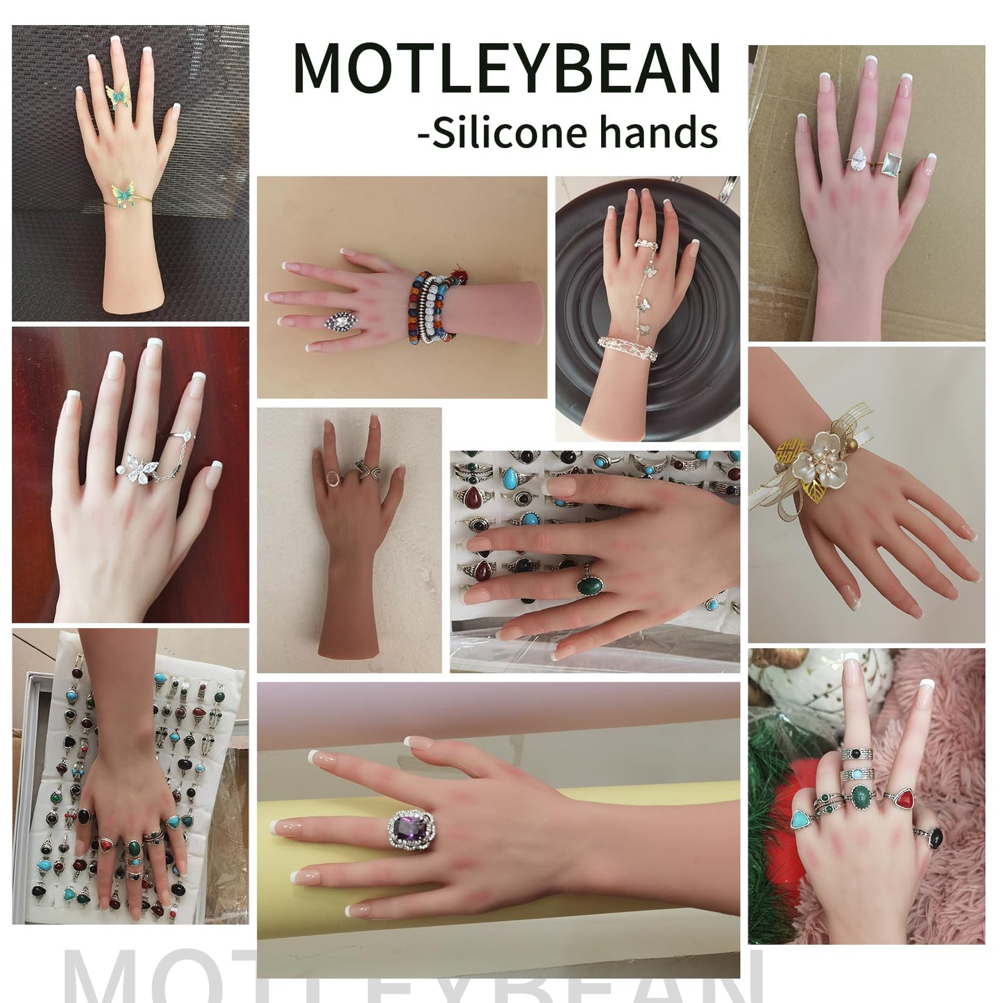 MOTLEYBEAN Realistic Silicone Female Hand Life Size Female Model Hand for Showing Jewelry Pranksters Halloween Props Photography Props(Brown,Left Hand-Without Skeleton)