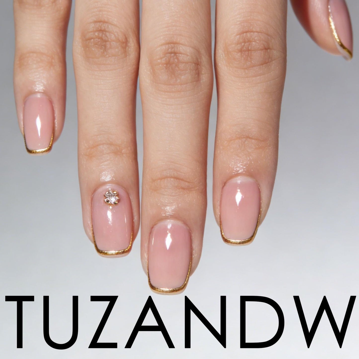 White French Tip Press on Nails Short Square Fake Nails with Glitter Designs Simple Nails Press ons Glossy Glue on Nails Artificial False Nails Natural Stick on Nails for Women 24Pcs