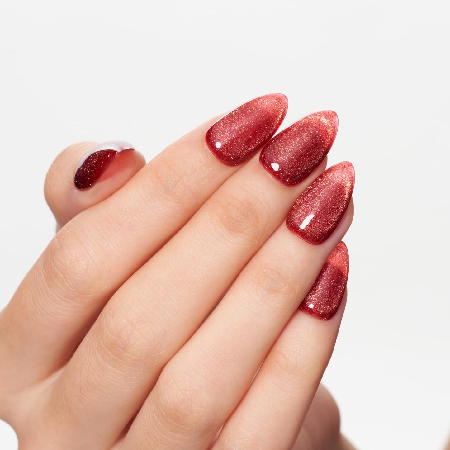 GLAMERMAID Bright Red Magnet Cat Eyes Press on Nails Short Almond, Amber Scarlet Handmade Gel Fake Nail Kit, Ombre Glitter Magnetic Glue on Nail Stiletto, Medium Oval Stick on False Nail Set for Women