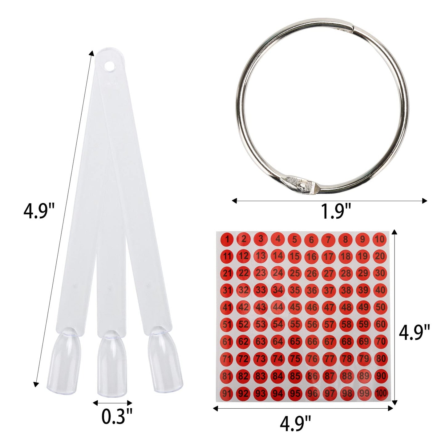 300 Pcs Nail Swatch Sticks with Number Stickers for Color Display, Clear Square-shaped Nail Polish Sample Swatches with Ring