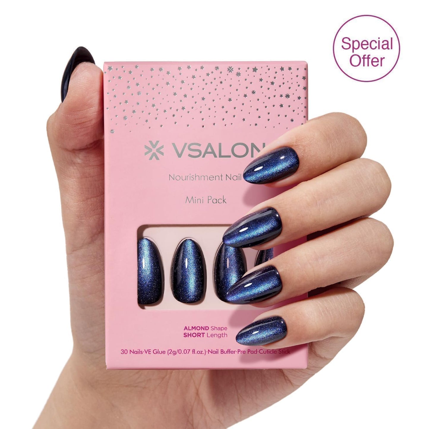 VSALON Almond Short Press On Nails, Ombre Hot Pink Aurora Sheer Jelly Finish Nail Kit & Blue Cat Eye Mini Pack