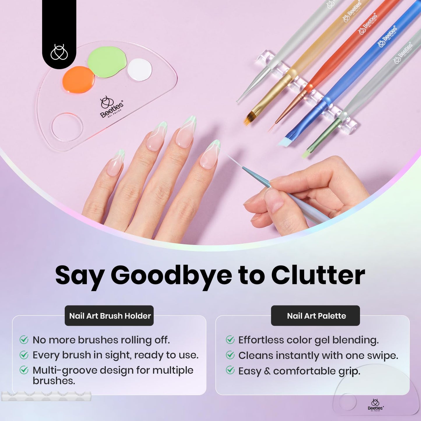 Beetles Nail Art Brushes Set for Gel Polish 8 Pcs - Nail Art Design Pen Fingernail Painting Dotting Tool, Liner Gradient Clean Up Brush DIY with Palette Rainbow Pastel Pen Set Manicure Kit