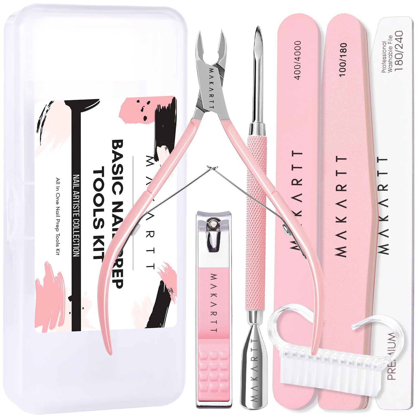 Makartt Nail File and Buffer Set, Pink Basic Prep Kit with Cuticle Clipper, Trimmer, Pusher, Brush, Manicure Care Kit for Natural and Acrylic Nails (7pcs)