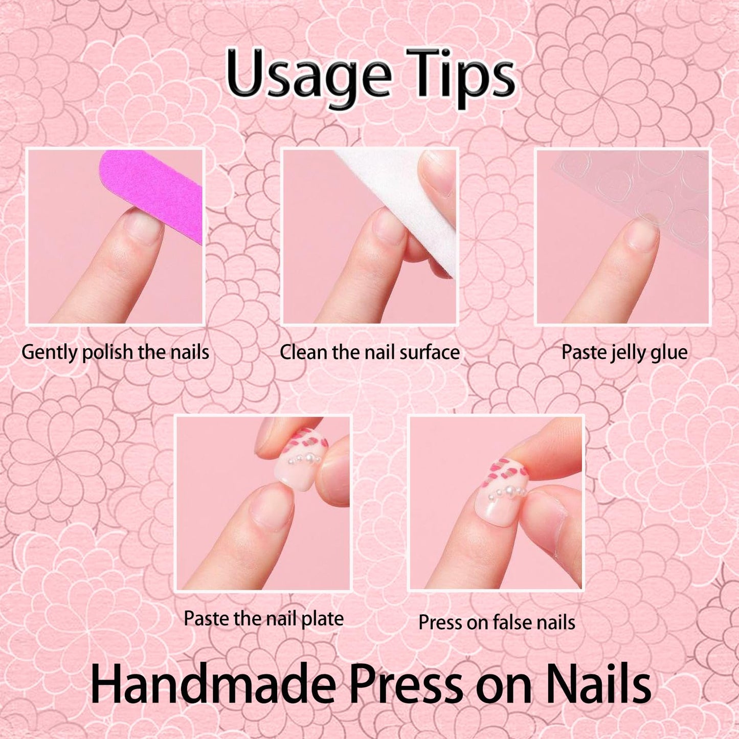 10Pcs Pink French Tip Press on Nails Handmade Short Fake Nails Duck False Nails with 3D Flower Rhinestone Design Full Cover Acrylic Nails Press ons Handmade Flower Glue on Nail for Women (S)