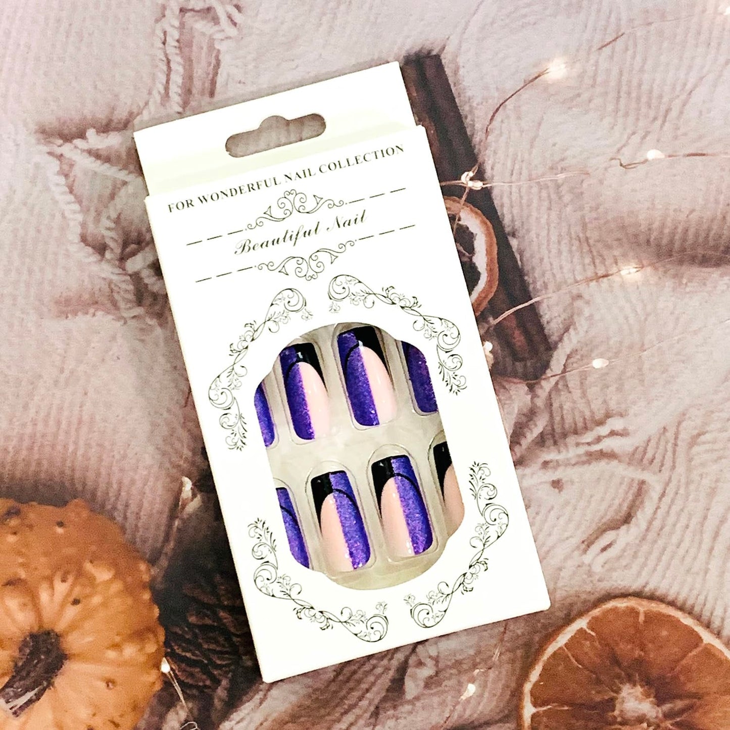 Vezocim Purple Press on Nails Square French Tips 24Pcs Glossy Full Cover Medium Acrylic Square False Nails with Designs Artificial Coffin Reusable Fake Nails Glue ons Fingernails for Women Girls