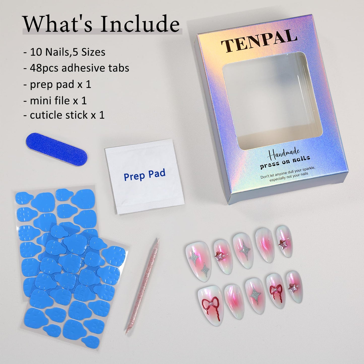 TENPAL Handmade Press On Nails Almond,Aurora Pink Acrylic Glossy Y2k Sweet Cool Soft Gel Fake Nails,Reusable Glue On Nails With Star Bow Stars Designs,10pcs/Box Manicure Art With Charms(M)