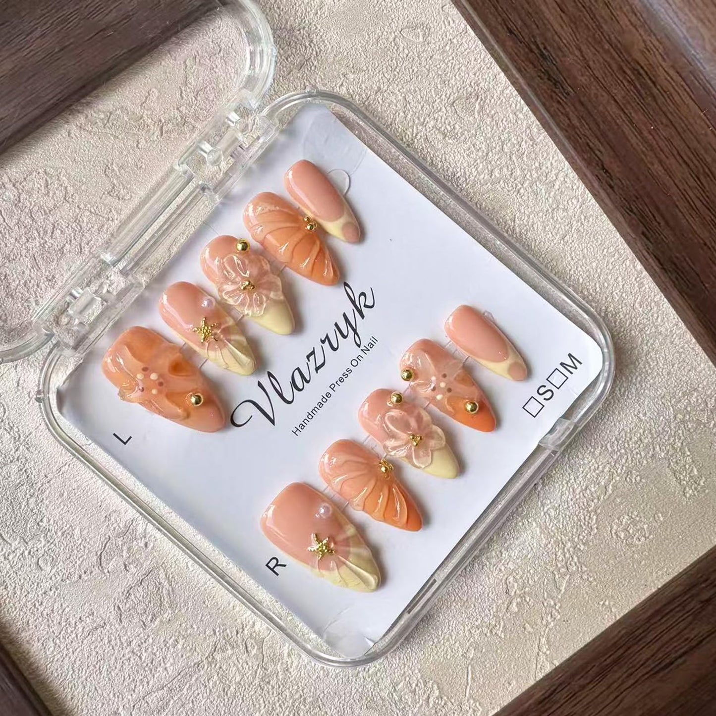 Handmade Press On Nails, Medium Almond Fake Nails with 3D Flowers & Metal Charms, Reusable Full Cover Acrylic Nails,Luxury Orange-Yellow Gradient French Tips for Women.(10PCS,M)