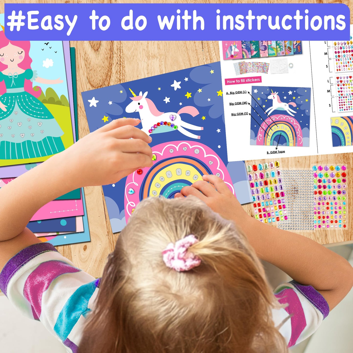 EZCRA Easy Arts and Crafts for Kids - Fun Gem Sticker Kit - 8 Unicorn Princess Themes, 990+ Stickers - Gem Art for Kids - Diamond Art Kits - Gifts for Girls Ages 3-8