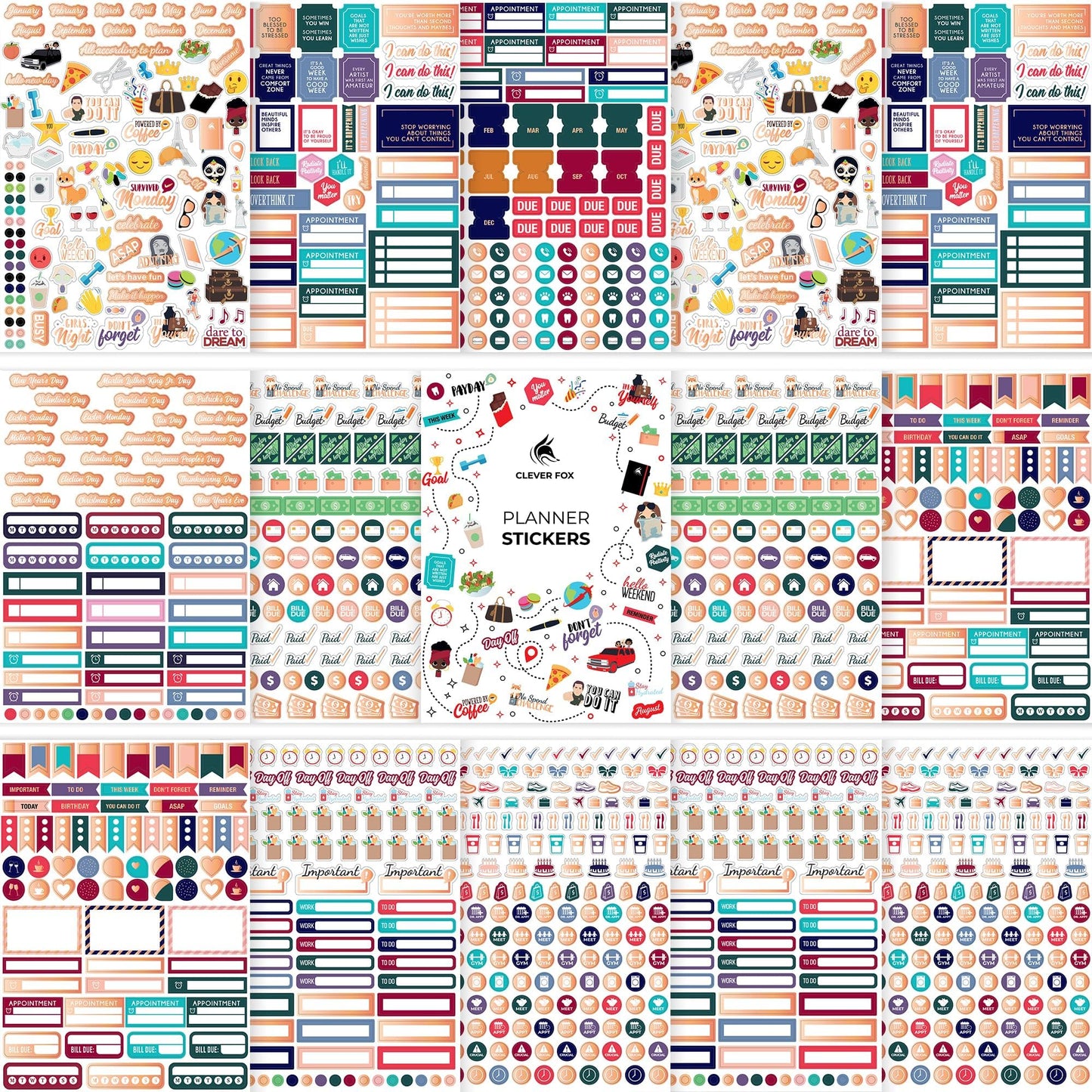 Clever Fox Planner Stickers – 1360+ Aesthetic Monthly, Weekly, Daily, Seasonal, Holiday & Journal Stickers – Journaling & Calendar Accessories for Women, Adults & School, 14 Sheets (Value Pack)