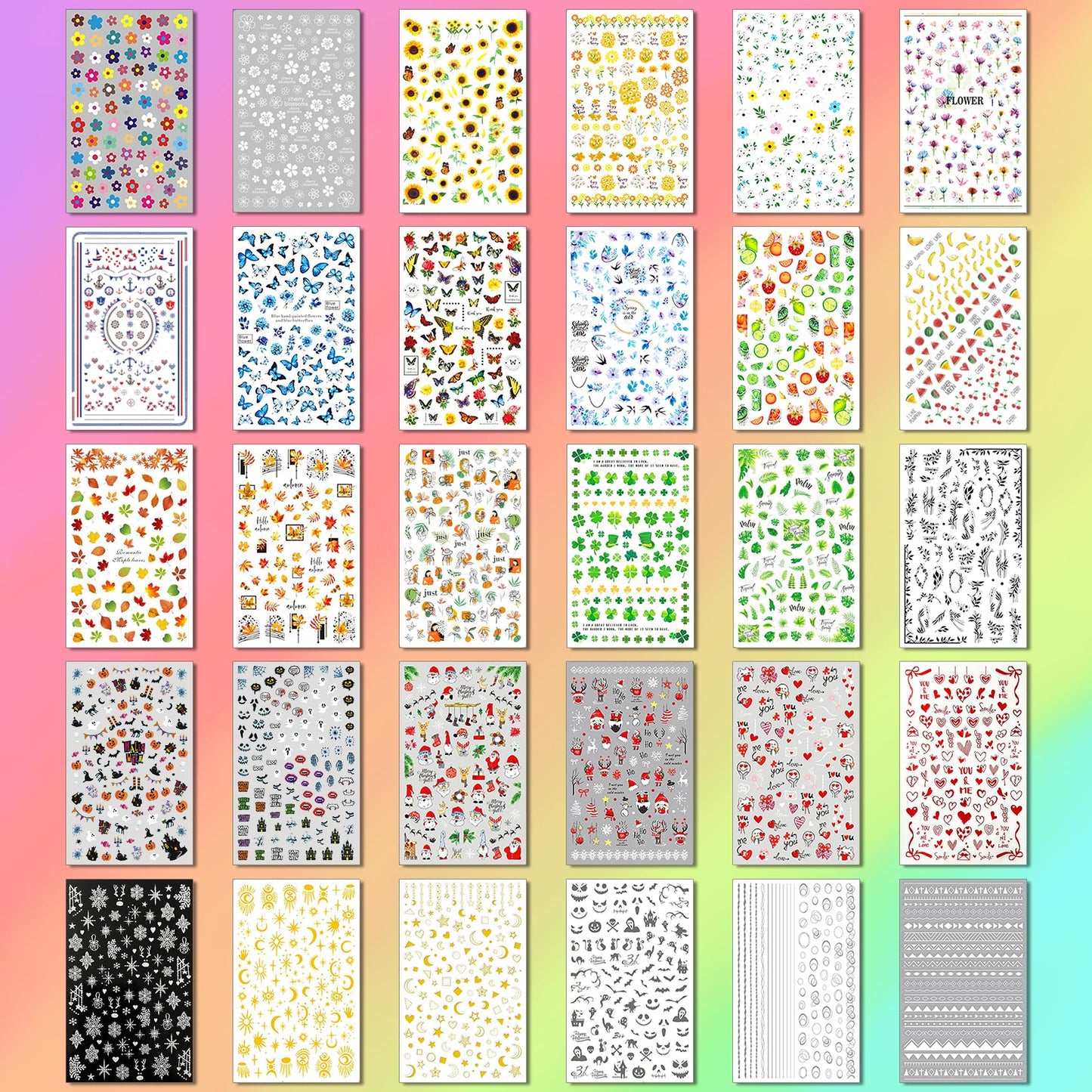 IDDFEVE 30 Sheets All Holiday Nail Art Stickers, Variety Pack Seasonal Nail Decals, Self-Adhesive Colorful Design for Daisy Flowers Butterflies Star Halloween Christmas