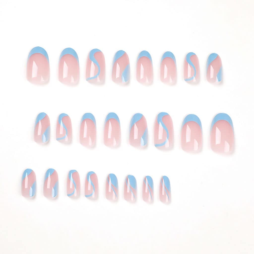 RikView French Tip Press on Nails Medium Fake Nails Blue Nails with Swirls Design Almond Acrylic Nails