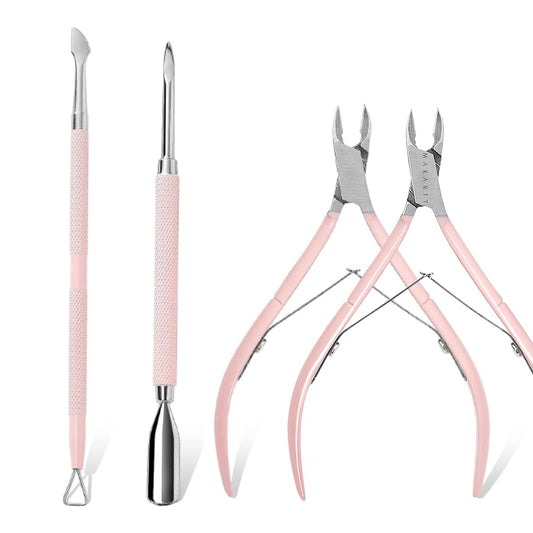 Makartt Cuticle Trimmer with Cuticle Pusher, 3 PCS Pink Nail Cuticle Nipper Bundle with Cuticle Nippers, Pink Cuticle Trimmer Extremely Sharp Full Jaw Cuticle Cutter Nail Care for Manicure Home Salon