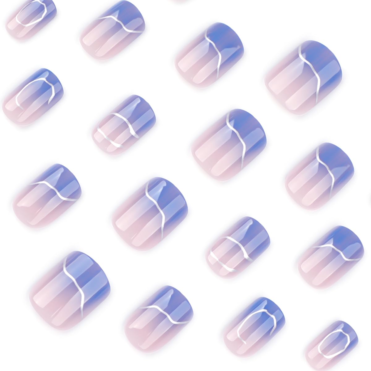 Mivota Short Square Press On Nails blue Nude Gradient False Nails with Silver Streaks Acrylic Press in Nail Gel Stick On Nails Set Glue on Nails for Women & Girls 24Pcs
