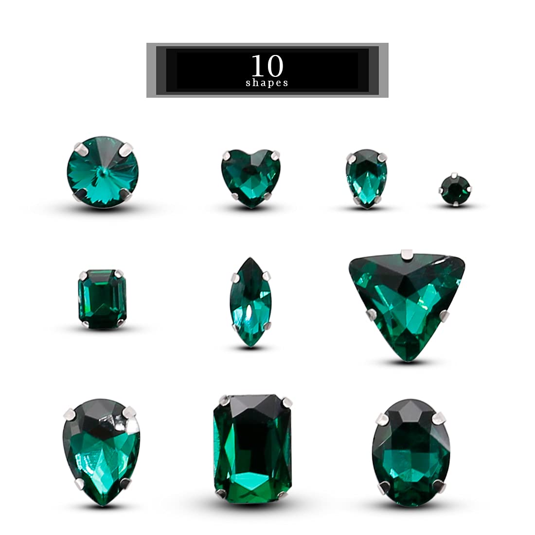 TANOSII Sew on Rhinestones 100 PCS Mixed Shapes Glass Rhinestones Sew on Crystal Gems Mental Flatback with Silver Claw for Jewelry Crafts Clothes Shoes Costume Garment Malachite Green