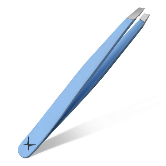 Professional Slant Tip Tweezers - Precision Stainless Steel Eyebrow Plucking Tool for Women and Men, Ingrown Hair Remover, Facial Hair Tweezers for Grooming (Baby Blue)