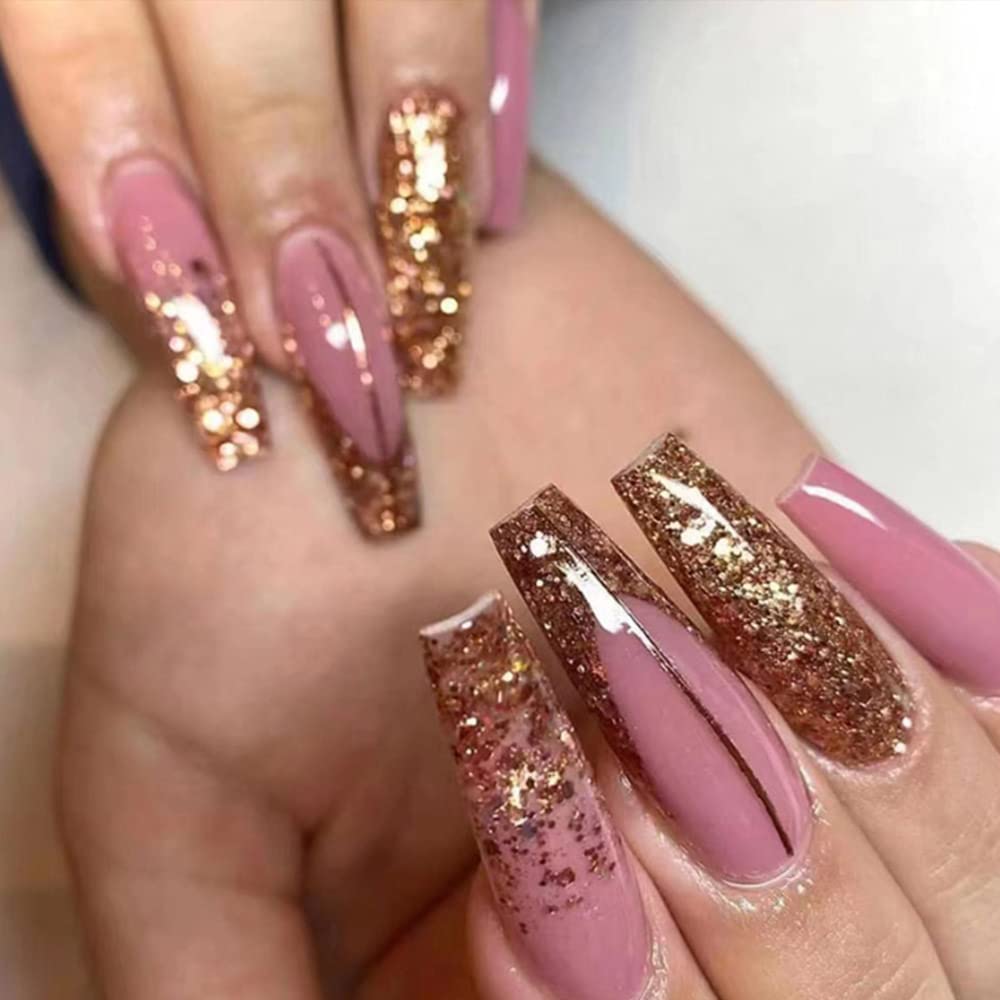 YoYoee Long Luxury False Nails Tips - Coffin Press on Nails Acrylics Full Cover Pink French Fake Nails Galaxy Nails Tips for Women and Girls 24Pcs
