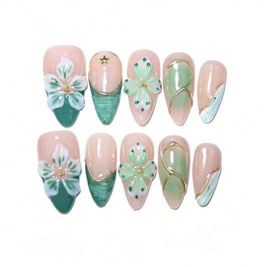 10Pcs Medium Almond Handmade Press On Nails | Easy Apply & Remove, Reusable Salon Quality Nails | Fresh Nude & Green Fake Nails with 3D Floral, Gold Star & Line Accents (5U09, M)