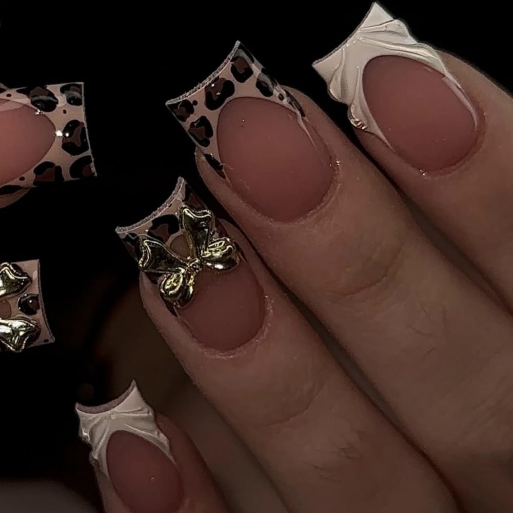 Leopard Prints French Tips Press on Nails Medium Square Fake Nails with 5D Gold Bow Design Water Ripple Glue on Nail Glossy White Nails Press ons Reusable Acrylic Nail for Women Manicure 24Pcs