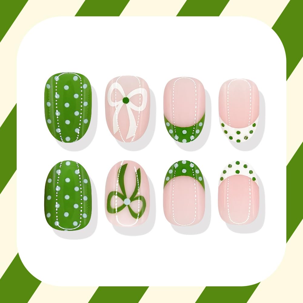 Spring Green Press on Nails Short Oval Fake Nails FrenchTip False Nails Press ons with Polka Dot, Bow Design,Cute Reusable Artificial Nail Full Cover Stick on Nails for Women Manicure 24Pcs