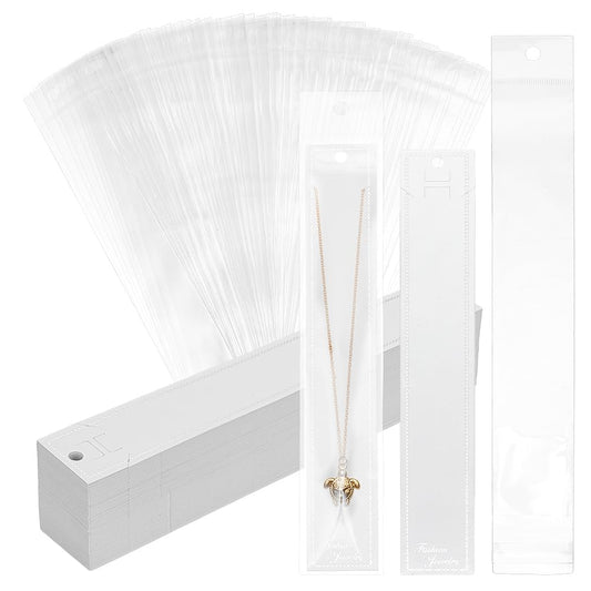 FINGERINSPIRE 150 Sets Paper Necklace Display Cards with Plastic Bags Jewelry Display Cards Extra Long White Paper Showing Tags Necklace Cardboard Hanging Holders for Jewelry Selling
