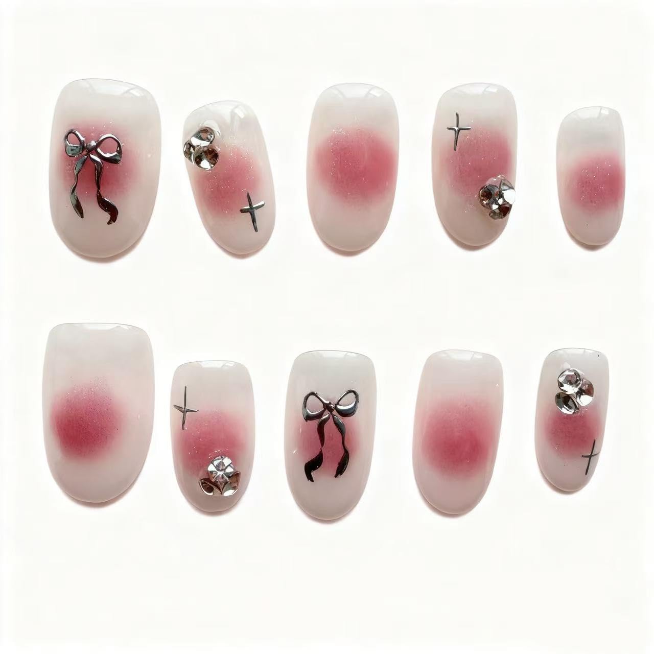 Handmade Wearing Armor Light Pink High end Style Atmosphere Bow Three dimensional Short Relief Nail Patch Medium Size