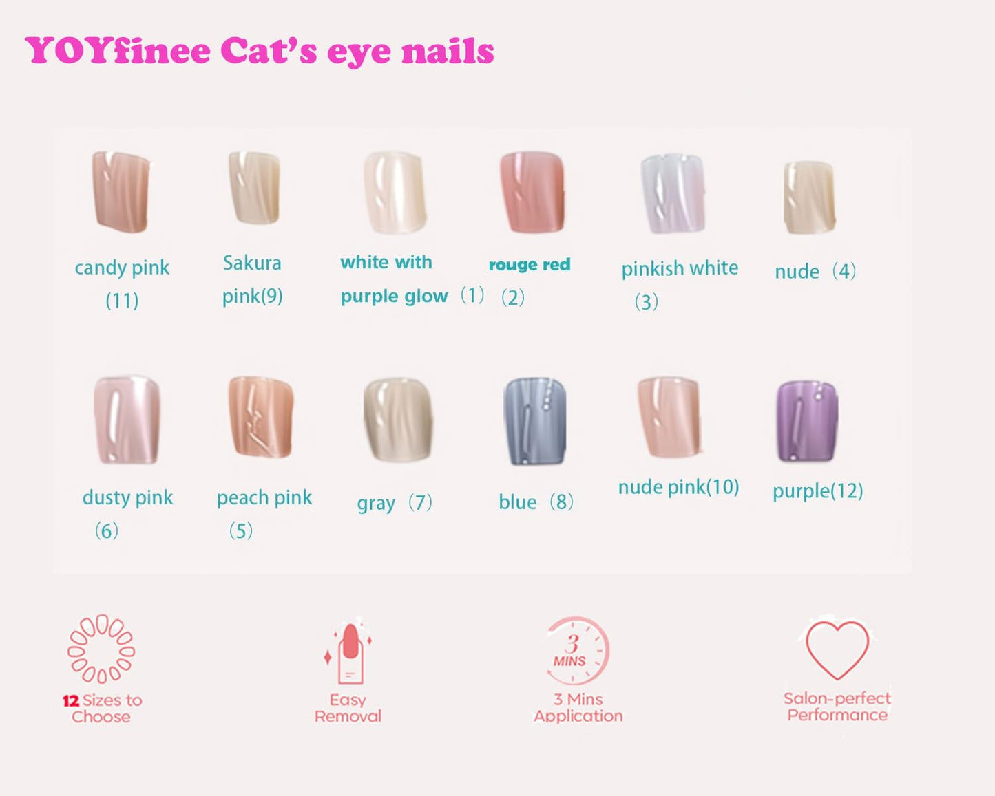 YOYfinee 24Pcs Press on Nails Medium—Short Square Fake Nails Magnetic Cat's Eye Nails. Purple(12)