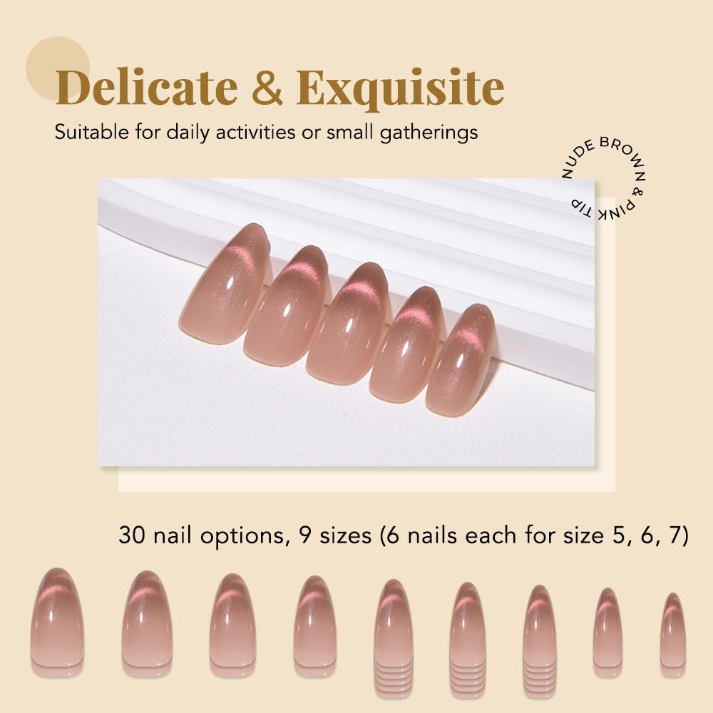 evpct Nude Brown Cat Eye Press on Nails Almond Medium, Medium Almond Stick on Nails for Women Gift, Iridescent Pink Smile Curve Metallic Glitter Reusable Gel Press on Acrylic Fake Nail with Designs