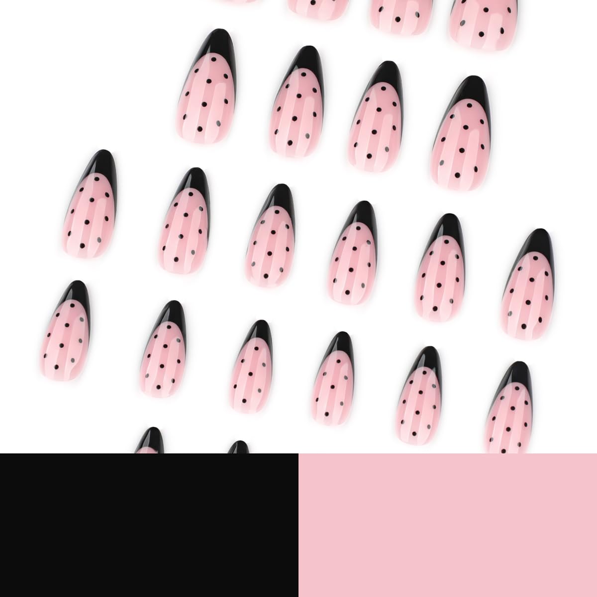 Polka Dot Press on Nails - Medium Almond Fake Nails with Black French Tip Designs False Nails Glossy Glue on Nails Reusable Full Cover Stick on Nails for Women Manicure 24Pcs