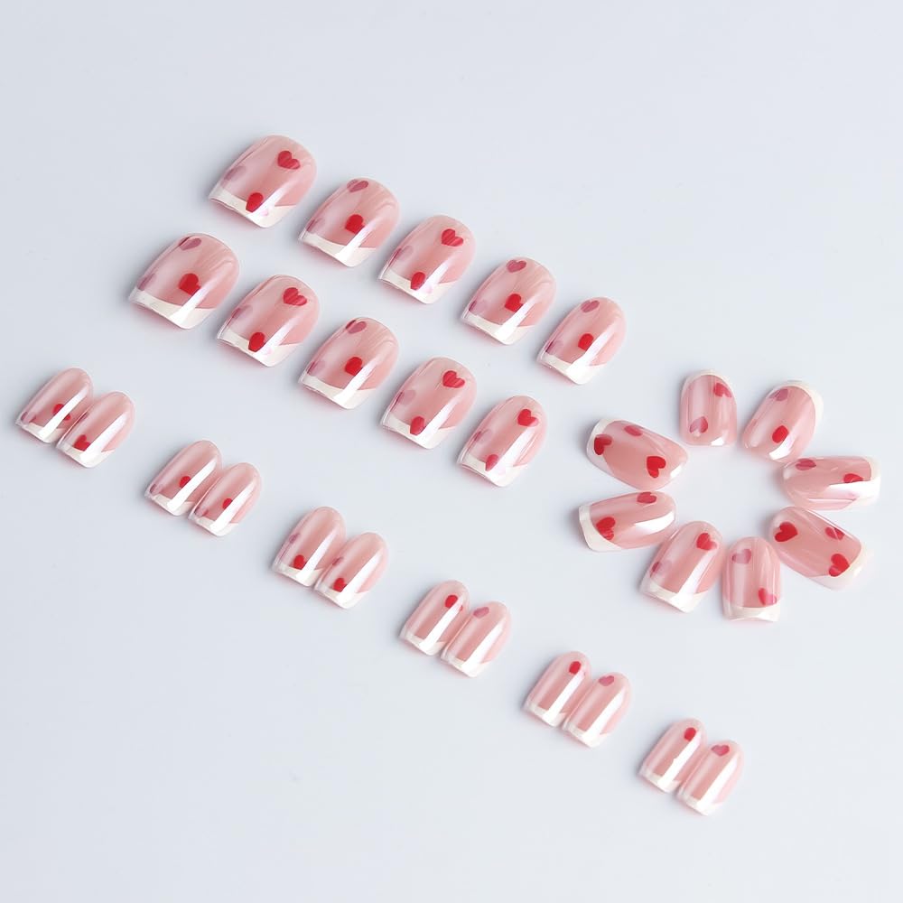 Valentine French Tip Press on Nails Short Square Fake Nails with Heart Designs Chrome False Nails Gradient Glossy Full Cover Glue on Nails Valentine Acrylic Nail for Women 24Pcs