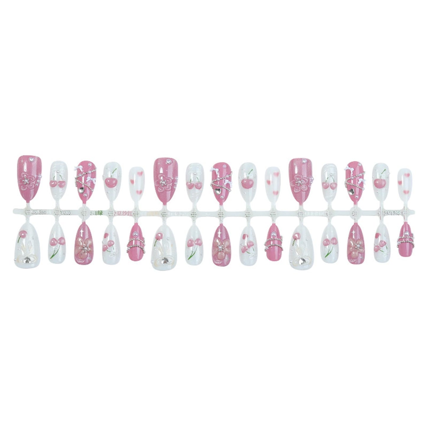 3D Flower Acrylic Fake Nail HZJXRT Press on Nails Glossy Spark Pink Stick on Fingernail 24 Pcs Love Heart Rhinestones Gel Glue on Nail Cherry Medium Almond False Nails for Coquette Women Gift