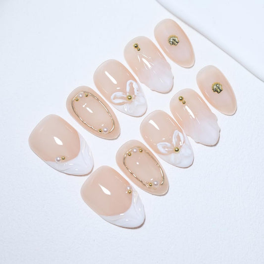 10 Pcs Short Almond Handmade Press On Nails | Nude French Tip with 3D Butterfly Floral Wave & Gold Pearl Shell Accents | Reusable, Easy to Apply & Remove, Salon-Quality Manicure (RR12, M)