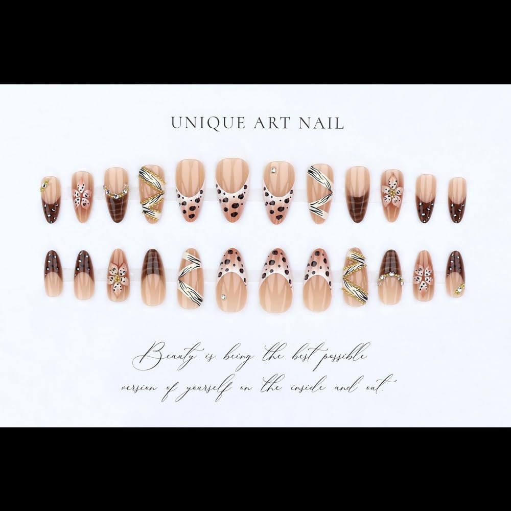 Leopard Prints French Tips Press on Nails Medium Almond Nails Press on with 5D Flower Charm Design Glossy Brown Glue on Nail Rhinestone Lines Fake Nails Fall Winter Nail for Women Manicure 24Pcs
