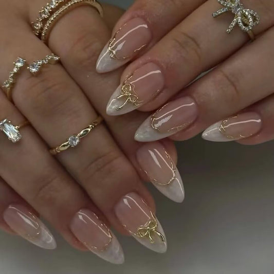 MAGLFELL Press On Nails Almond Shape Hnadmade Fake Nails, Acrylic Nails Cute Bow French Reusable Artificial Almond False Nails for Women (Size M)