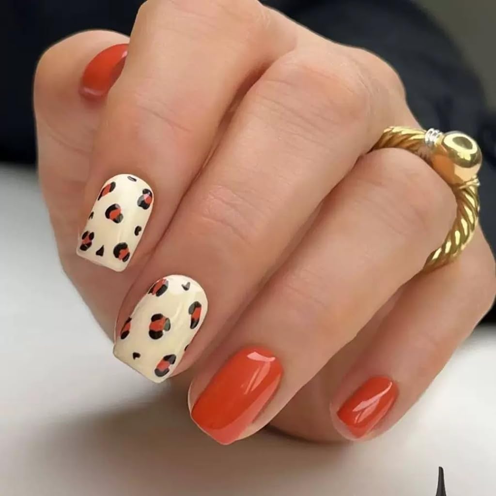 6 Packs (144 Pcs) Press on Nails Short Square, Almond Press on Nails, with Leopard Print Polka Dot Design French Tip Fake Nails for Women - 12 Sizes, 6Styles