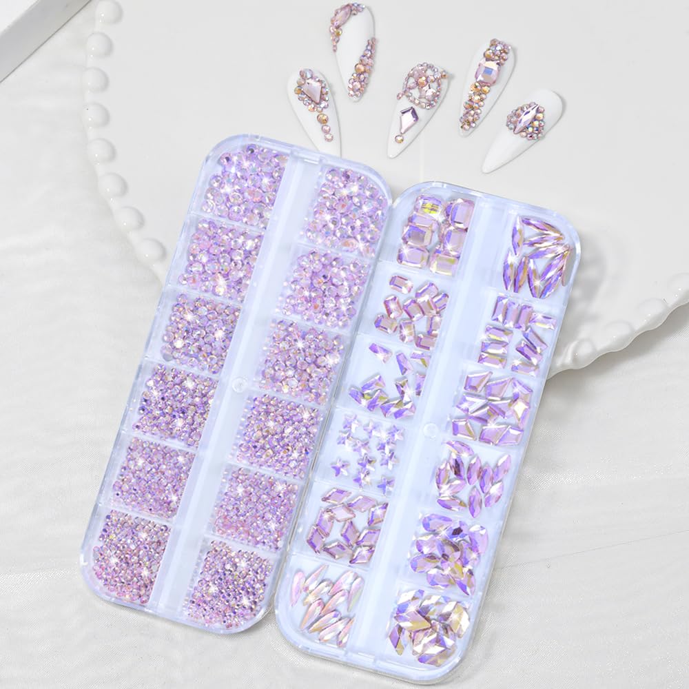 Nail Rhinestones - 3D Multi Shape Size, Flat Back, Crystals Manicure Rhinestones Charms, Pink AB Nail Gems, with Kit, for Nail Art, Bedazzling Acrylic Nails, DIY Decor