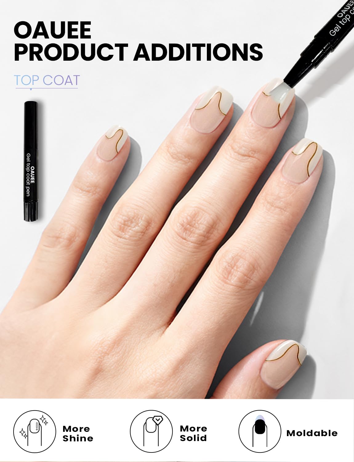 Oauee Semi Cured Gel Nail Strips | Built-In Gel Top Coat | UV Light Required | Salon Quality, Easy Application And Removal (Ivory Wave With Gold)