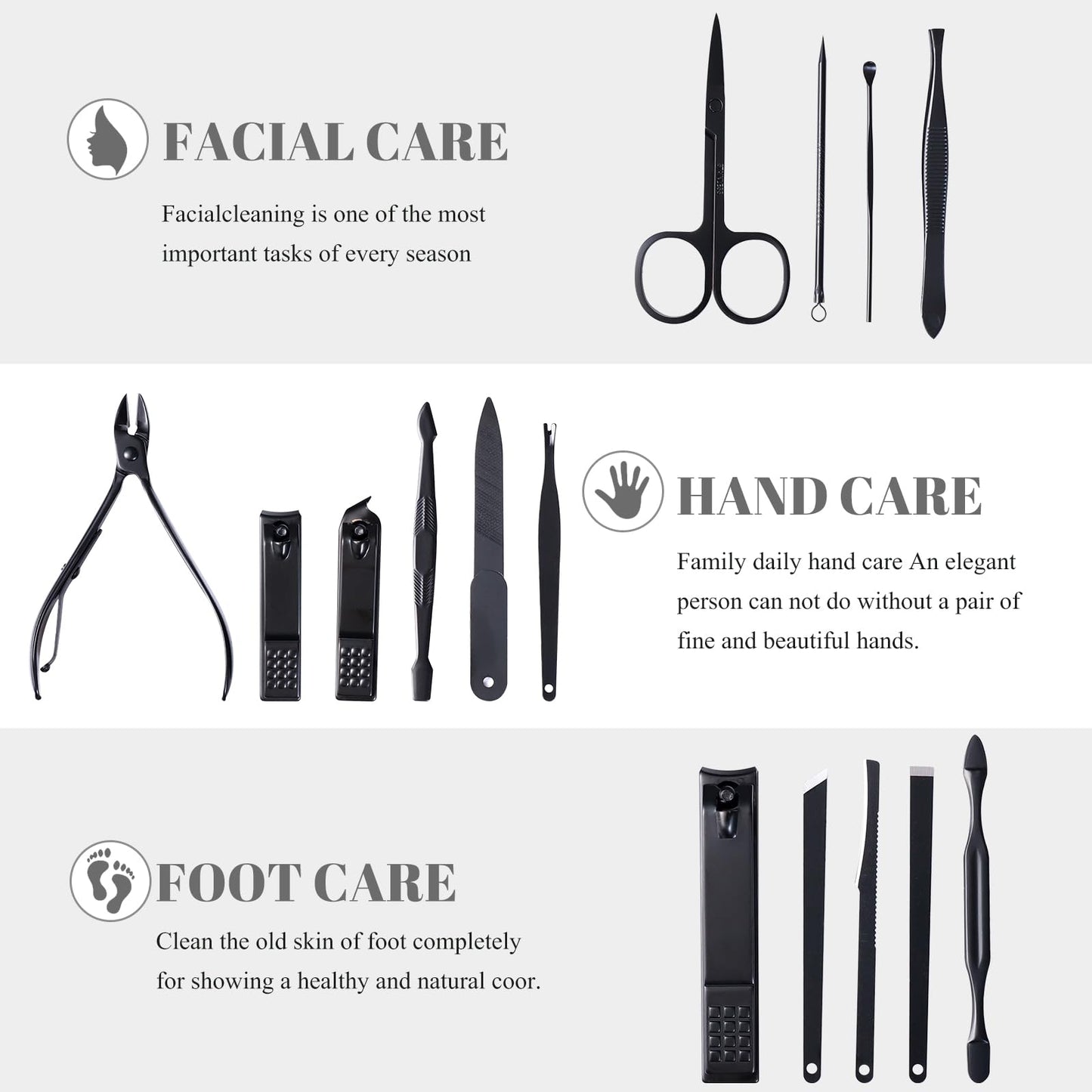 Manicure Pedicure Kit Nail Clippers Set Fingernails & Toenails Vibrissac Scissor 5 Pieces Best Care Tools for Man & Women with Travel Case (Gray/Black_A) (Dark 15 Pieces)