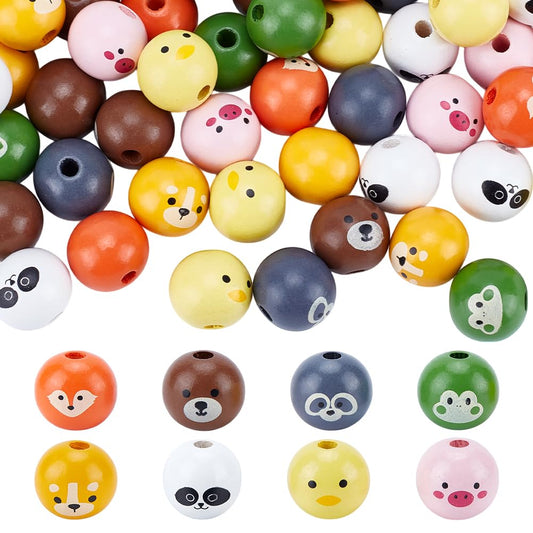 PH PandaHall 80PCS Animal Printed Wood Beads, 8 Style 19mm Wooden Farmhouse Animals Beads with Dog Pig Fox Bear Frog Pattern Round Wood Bead for DIY Jewelry Making Christmas Decorations 5mm Hole