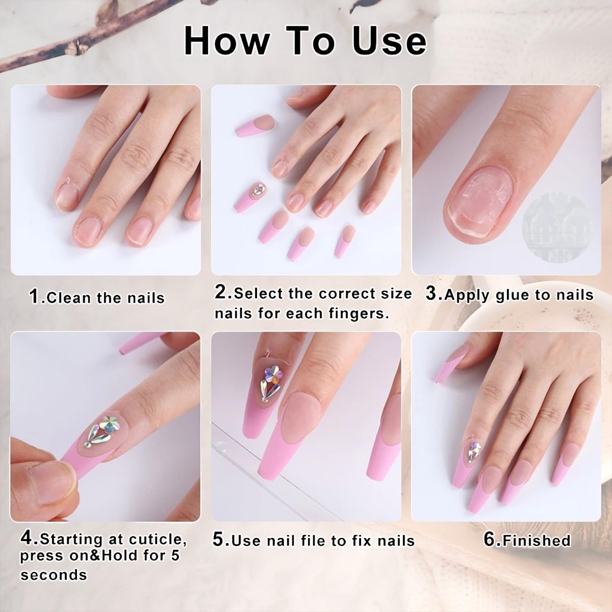 24Pcs Peach Blossom Press on Nails Medium Almond Fake Nails 3D Pearl Rhinestones Design Pink Flower Full Cover Artificial Stick on Nails Spring False Nails for Women Acrylic Manicure Salon Decorations