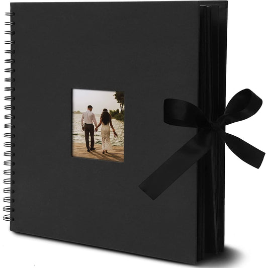 Juvale Spiral-Bound Scrapbook Album - Silk Ribbon Cover for Wedding Scrapbook - Durable Hardcover Black Paper Photo Albums - Complete Scrapbooking Supplies Kit, 80 Pages - 12.25 x 12.25 in, Black