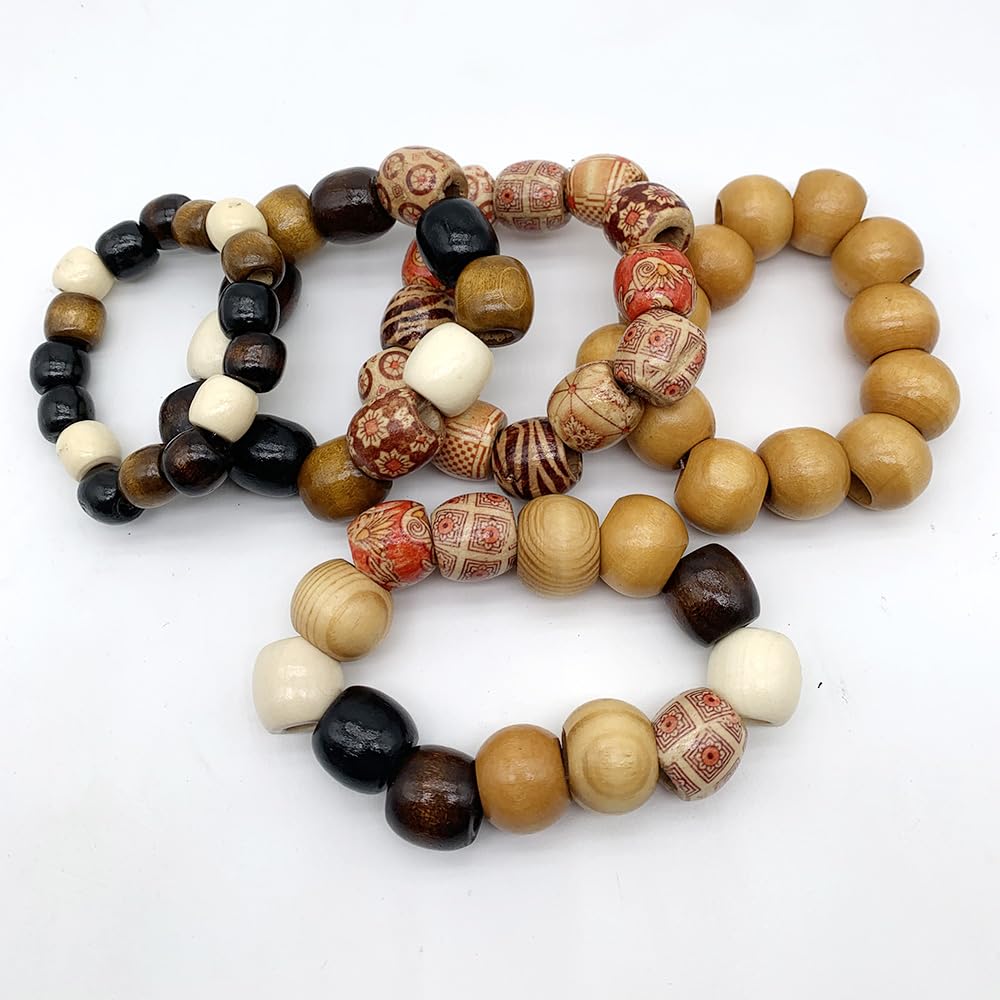 200Pcs Large Hole Barrel Wood European Loose Beads Mixed Painted Drum Wood Spacer Beads 16-17mm Dreadlock Hair Braid Beads for Hair, Jewelry Making, Craft DIY, Macrame Rosary Bracelet Necklace Making
