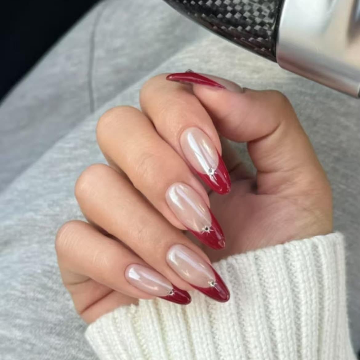Handmade Red French tip Press on Nails Christmas long style Almond Fake Nails with Glue Full Cover Glossy False Nails Stick on Nails for Women Manicure Aurora Powder Decoration 10PCS (MT-124-S)