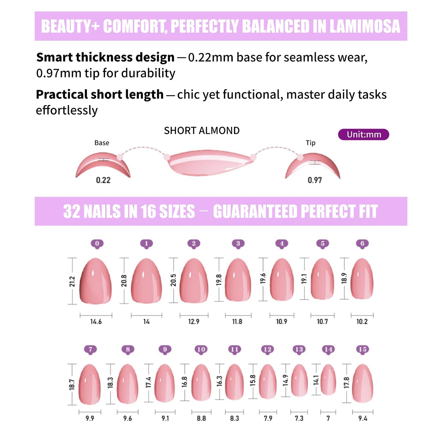 LAMIMOSA 32Pcs Chrome Press On Nails Short Almond - Soft Gel Fake Nails in 16 Sizes, Reusable Glue on Nails Kit, GLAZED SUNSET